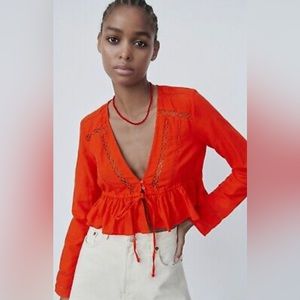 orange/red linen zara top